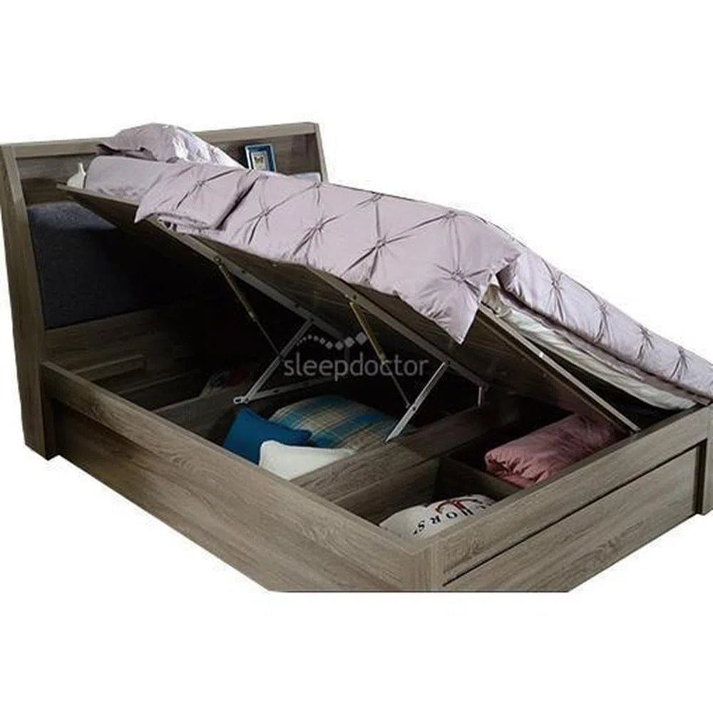 Boston Gas Lift Storage Bed with Bed Light in Mocha Oak Timber Look Veneer-Sleep Doctor