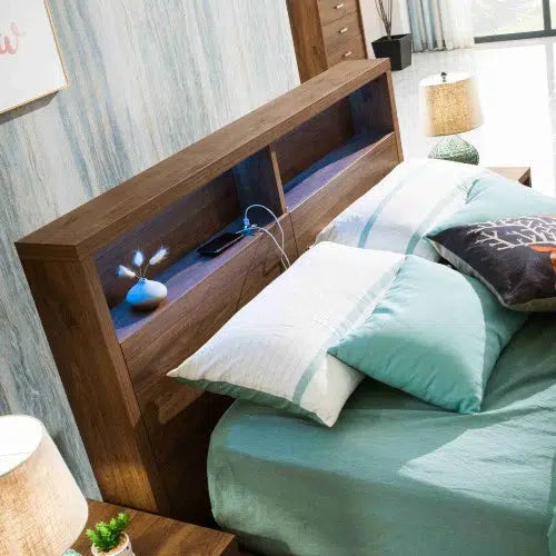 London Side Gas Lift Storage Bed with Bed Light in Rustic Walnut Timber Look Veneer-Sleep Doctor