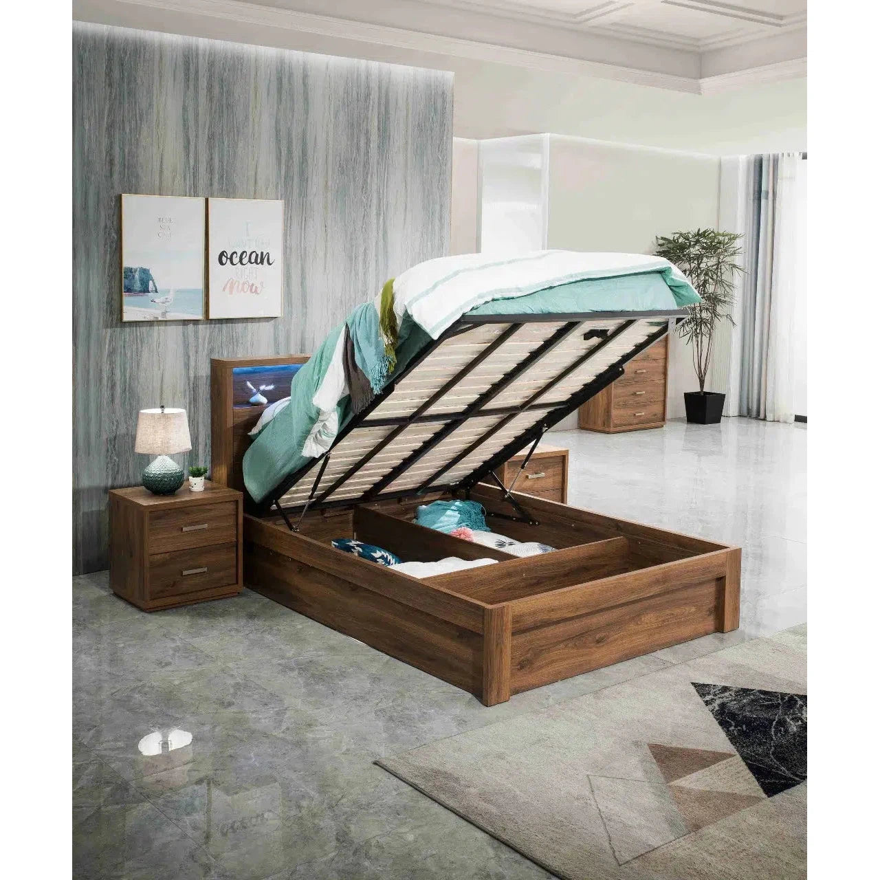 London Side Gas Lift Storage Bed with Bed Light in Rustic Walnut Timber Look Veneer-Sleep Doctor