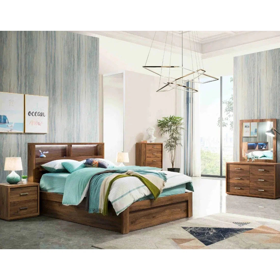 London Side Gas Lift Storage Bed with Bed Light in Rustic Walnut Timber Look Veneer-Sleep Doctor