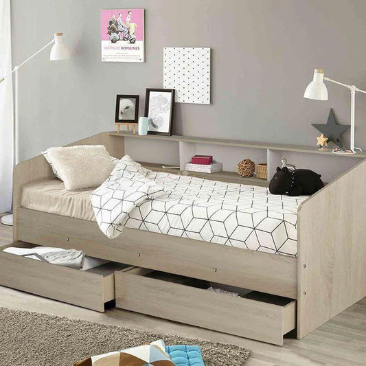 Single Cozy Day Bedframe with Shelves and 2 Drawers in Light Oak and White-Sleep Doctor