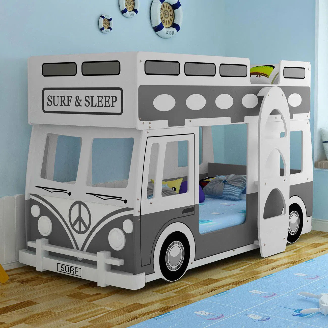 Single Surf Bunk Bed with Steering Wheel in White and Grey-Sleep Doctor