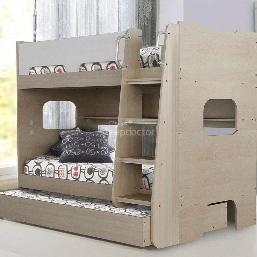 Single Trio Sidney Bunk Bed with Shelves and Trundle in Light Oak and White-Sleep Doctor