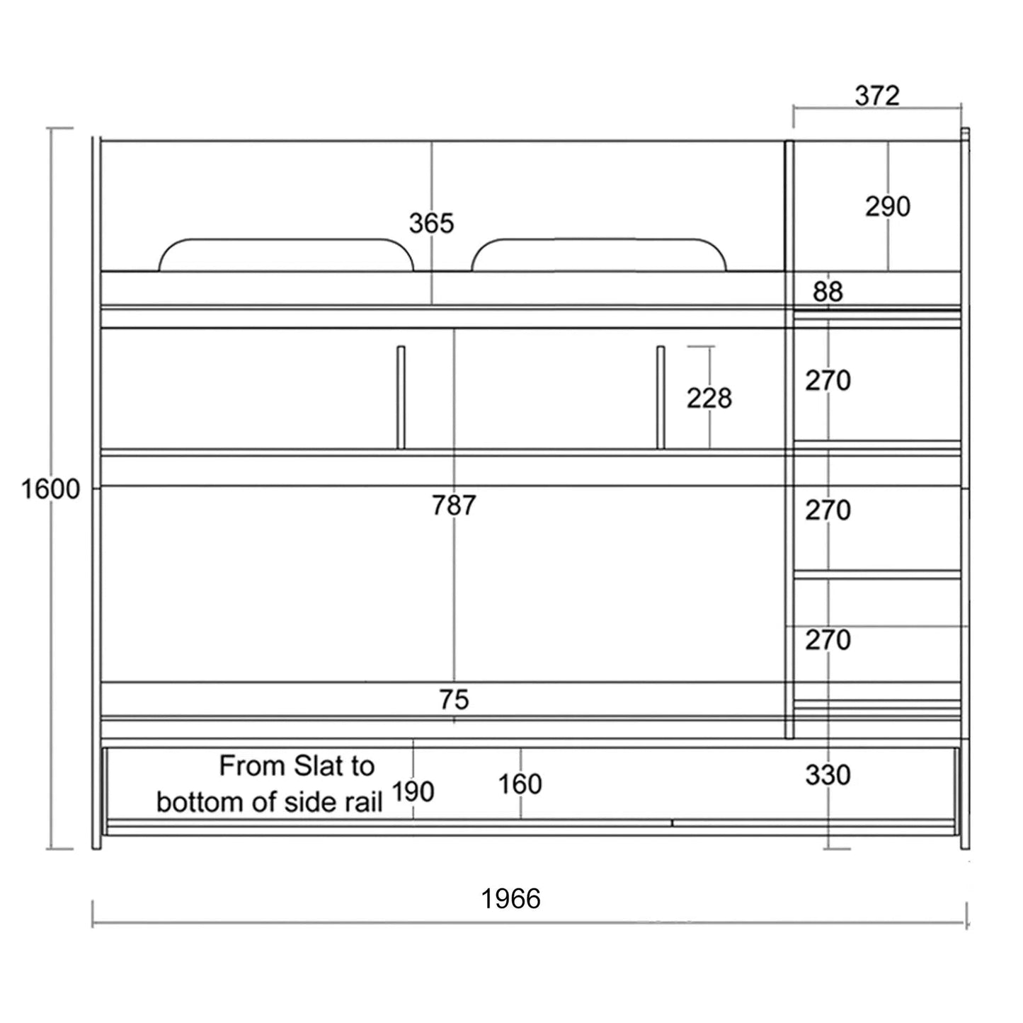 Single Trio Sidney Bunk Bed with Shelves and Trundle in Light Oak and White-Sleep Doctor