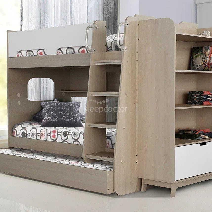 Single Trio Sidney Bunk Bed with Shelves and Trundle in Light Oak and White-Sleep Doctor