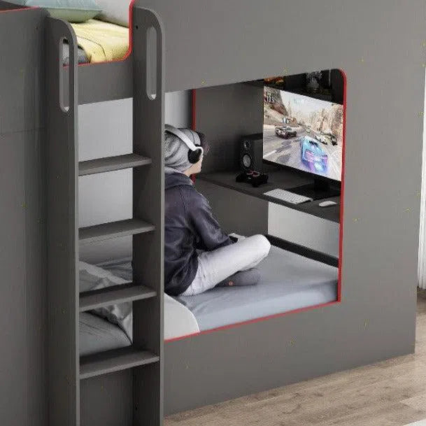 Beyond Gaming Bunk Bed with Monitor and Computer Stand, Desk and Shelves in Grey and red-Sleep Doctor