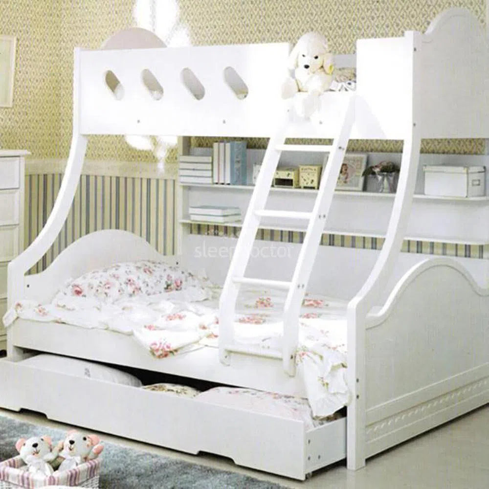 Cloudy Single over Double Trio Bunk Bed with Single Trundle In White-Sleep Doctor