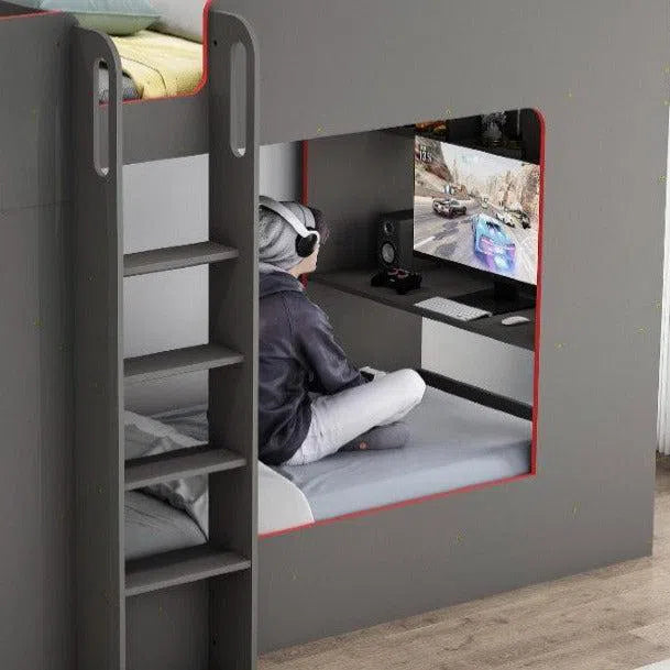 King Single Beyond Gaming Bunk Bed with Desk and Shelves in Grey with Red Edging-Sleep Doctor