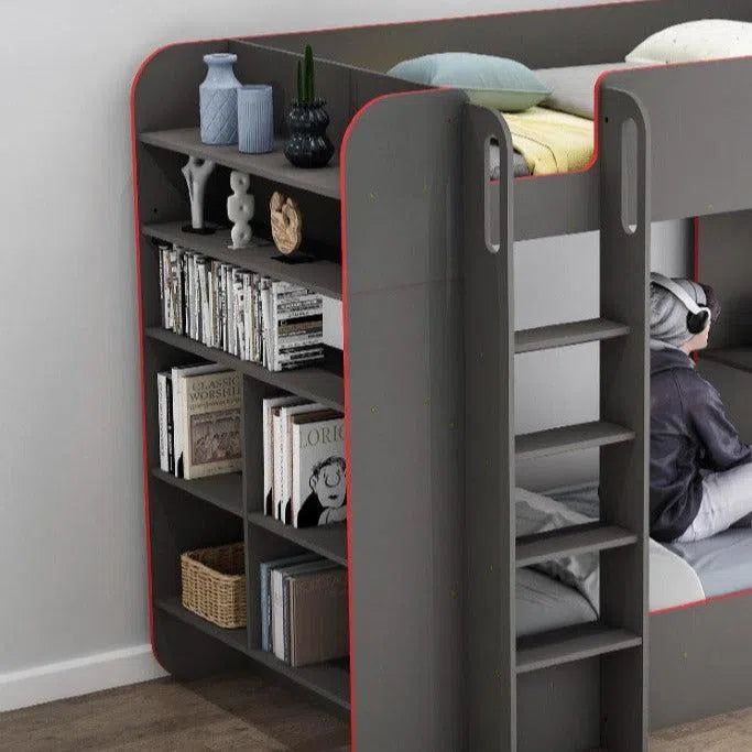 King Single Beyond Gaming Bunk Bed with Desk and Shelves in Grey with Red Edging-Sleep Doctor