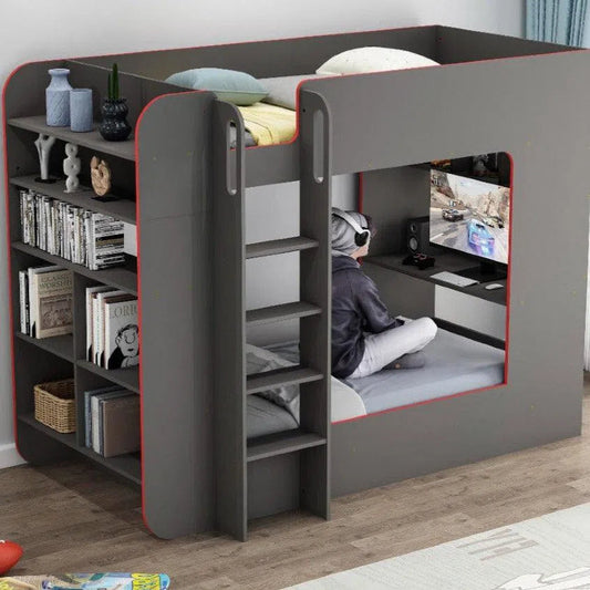 King Single Beyond Gaming Bunk Bed with Desk and Shelves in Grey with Red Edging-Sleep Doctor