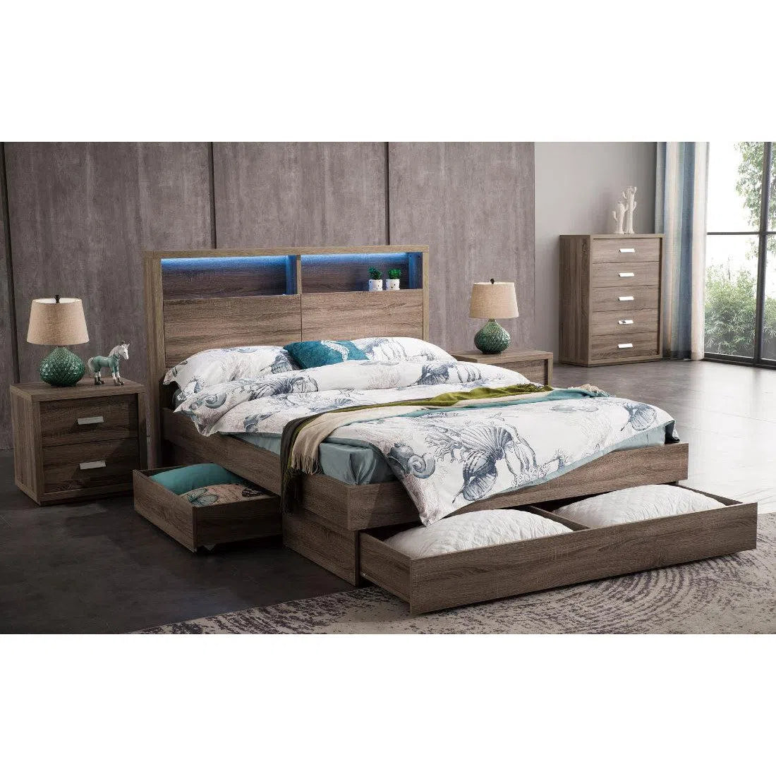 Milan 3 Drawer Storage Bed with Bed Light, USB in Mocha Oak Timber Look Veneer-Sleep Doctor