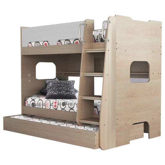 Sidney Trio Single Bunk with Shelves and Trundle Light Oak and White-Sleep Doctor