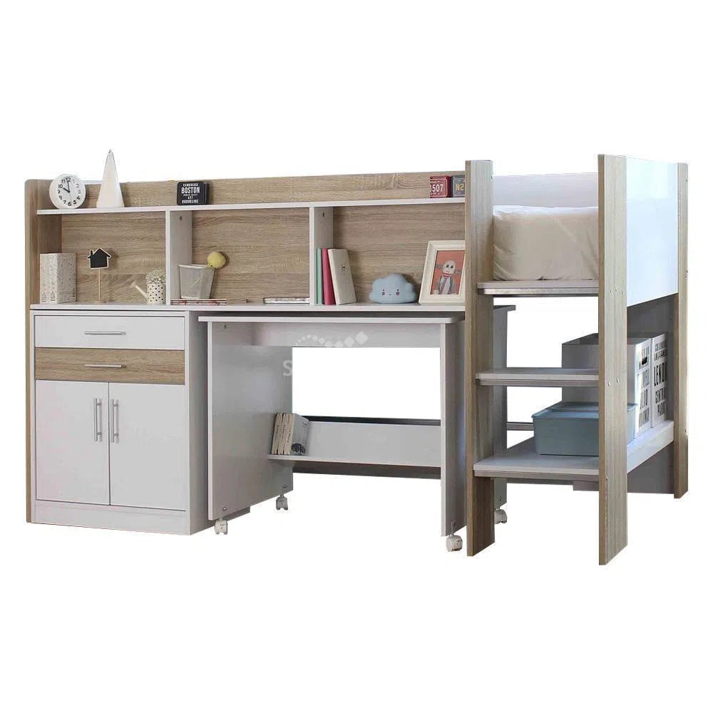 Single Appleton Midi Sleeper Loft Bed with Desk, Cabinet and Bookshelves in Sonoma Oak and White-Sleep Doctor