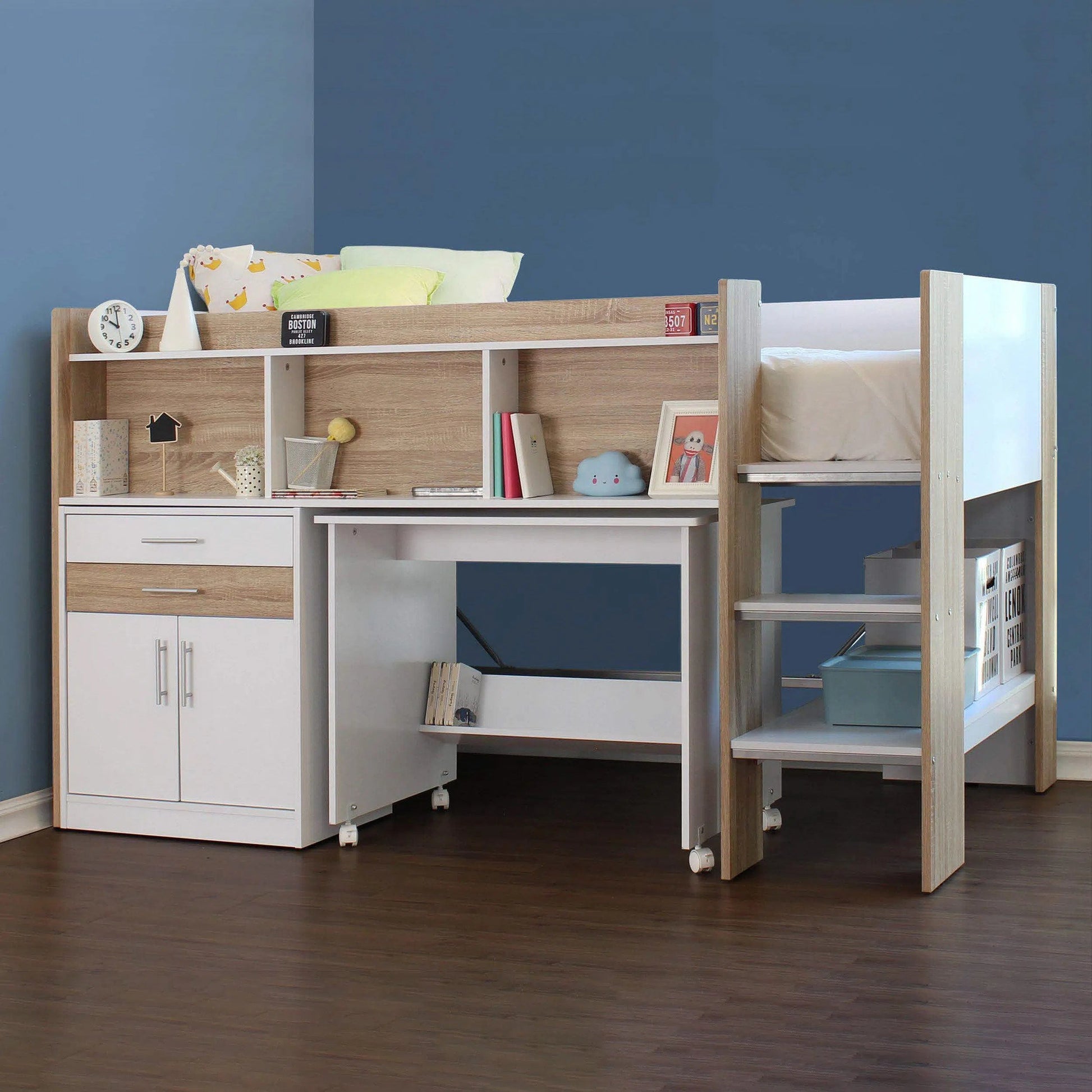 Single Appleton Midi Sleeper Loft Bed with Desk, Cabinet and Bookshelves in Sonoma Oak and White-Sleep Doctor