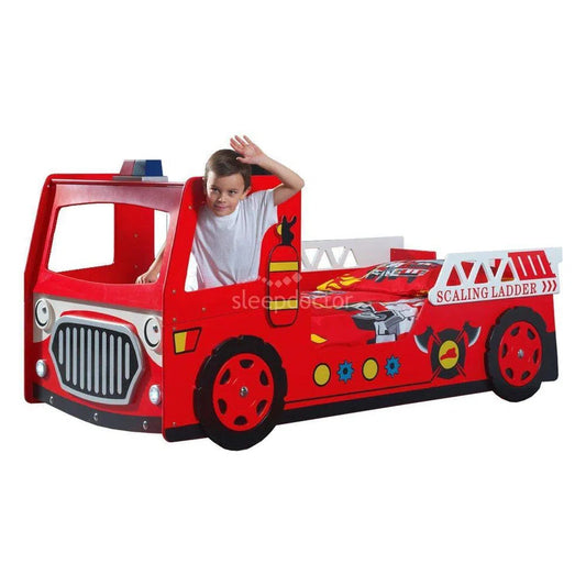 Single Modern Fire Engine Bedframe with Headlight and Steering Wheel in Red-Sleep Doctor