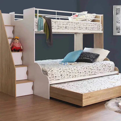 Single Over Double Levin Bunk Bed with Double Trundle and Stairs with Cabinets in Sonoma Oak and White-Sleep Doctor