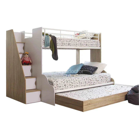 Single Over Double Levin Bunk Bed with Double Trundle and Stairs with Cabinets in Sonoma Oak and White-Sleep Doctor