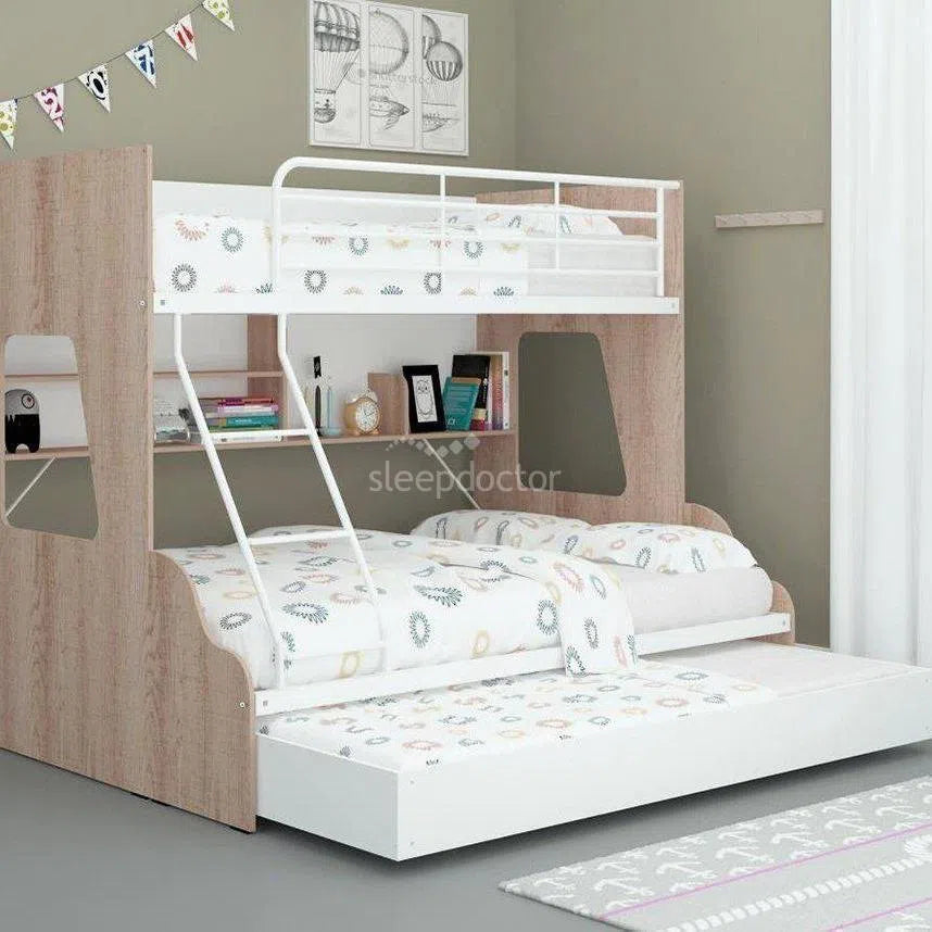 Single Over Double Z5 Bunk Bed with Double Trundle in Sonoma Oak and White-Sleep Doctor