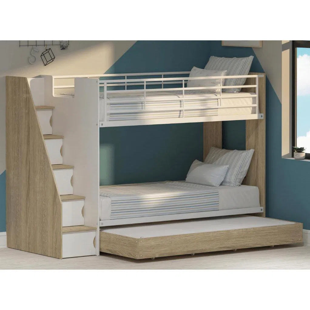 Single Trio Ashton Bunk Bed with Trundle and Stairs with Cabinets in Sonoma Oak and White-Sleep Doctor