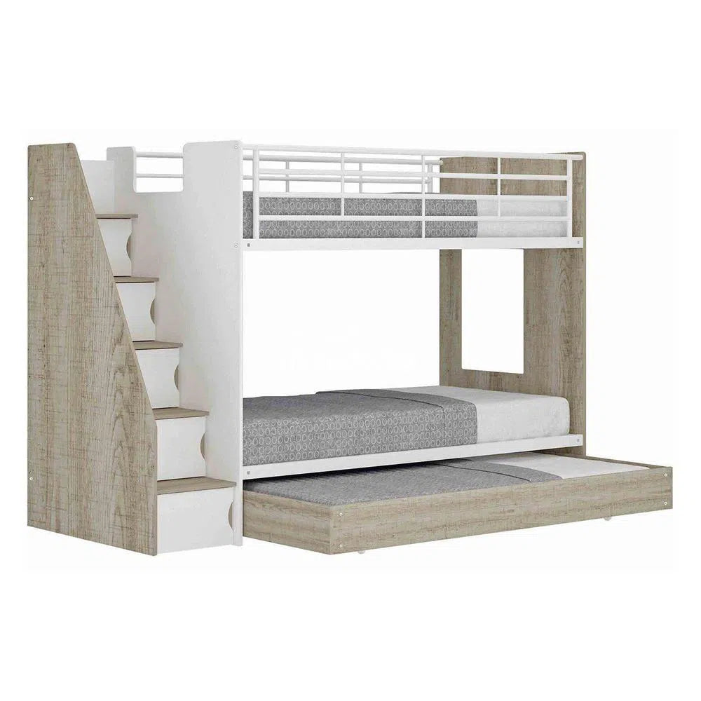 Single Trio Ashton Bunk Bed with Trundle and Stairs with Cabinets in Sonoma Oak and White-Sleep Doctor