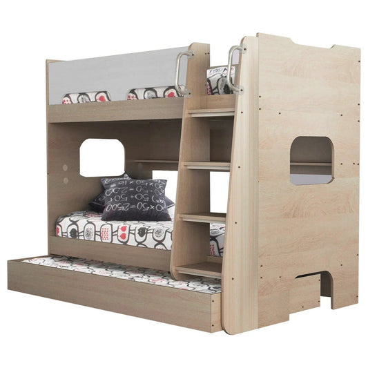 Single Trio Sidney Bunk Bed with Shelves and Trundle in Light Oak and White-Sleep Doctor