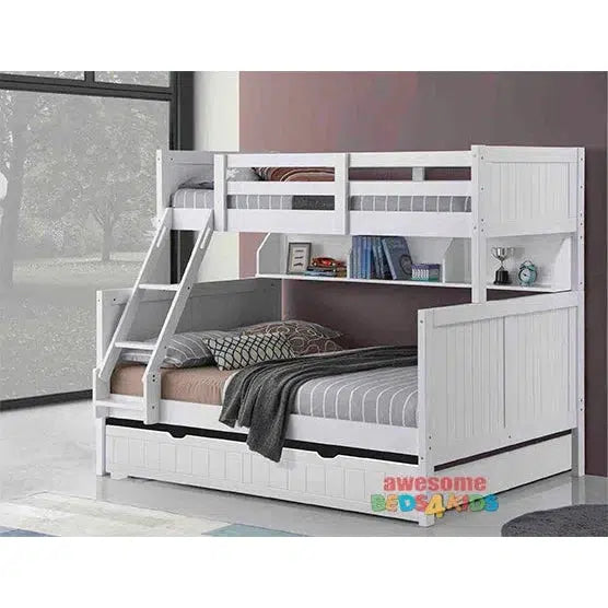 Springfield Single Over Double Bunk with Shelves and Double Trundle in White-Sleep Doctor